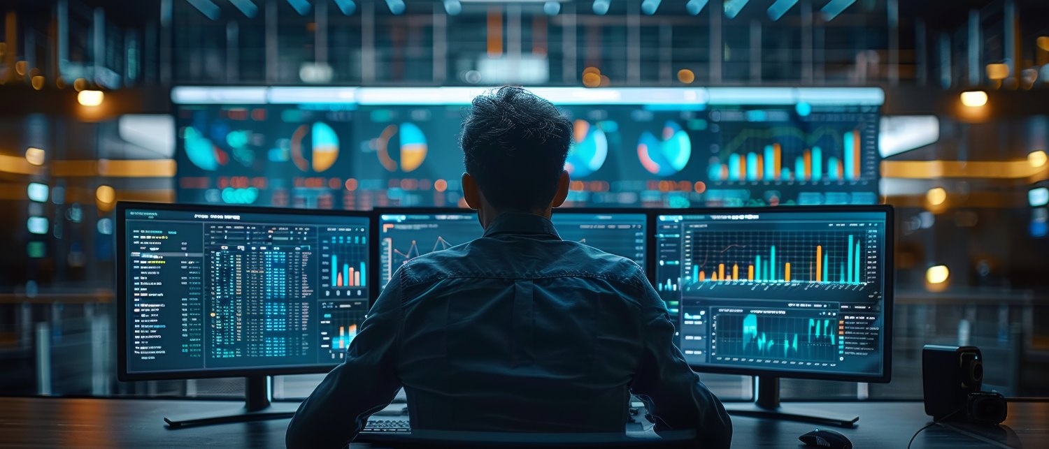 Person facing away from the camera actively analyzing data on multiple computer monitors