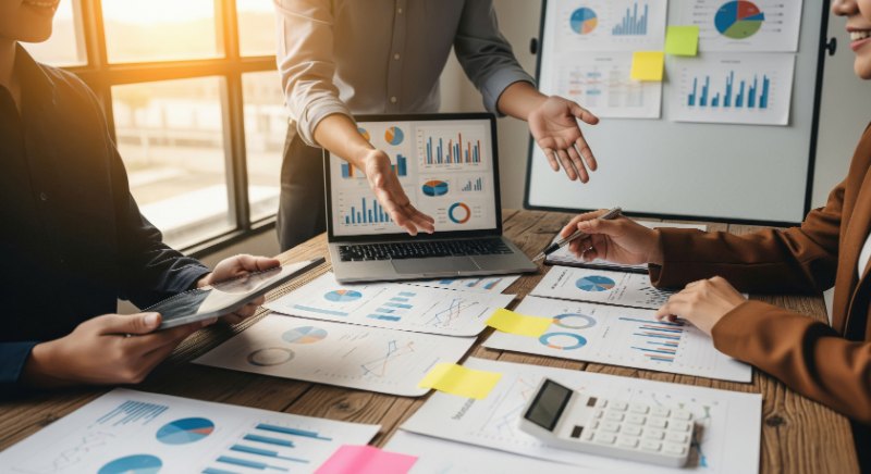 Individuals are gathered around a table with laptops, tablets, and various charts and graphs