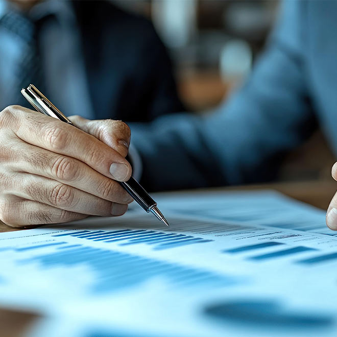 Two business professionals analyzing financial charts and documents