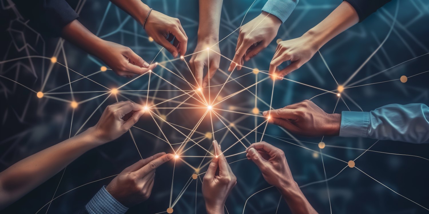 Multiple hands reaching toward a glowing network of interconnected points, symbolizing teamwork, collaboration, and connectivity