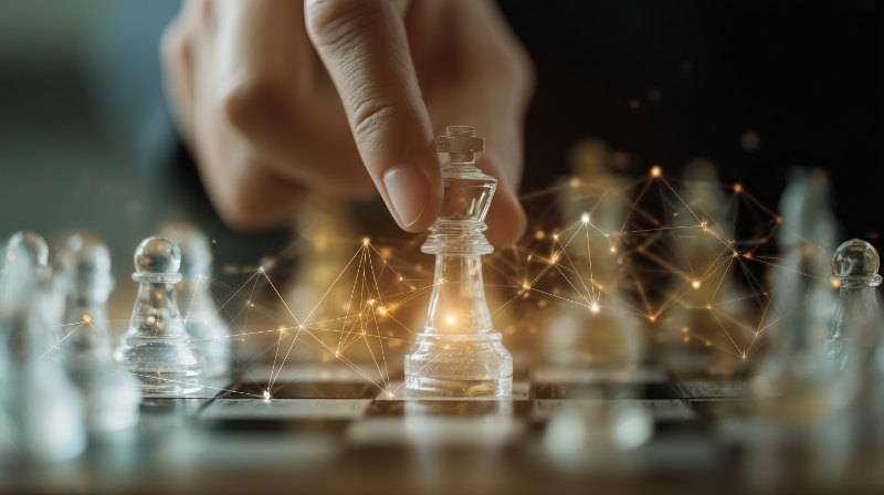 Hand moving a glowing, transparent king chess piece on a chessboard