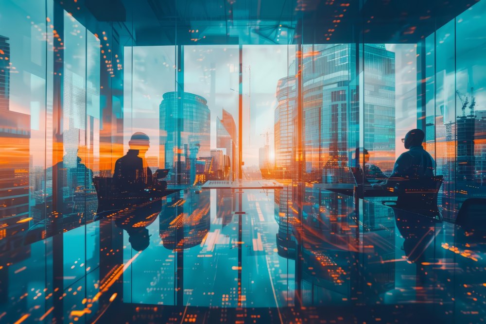 Abstract business meeting with city skyline