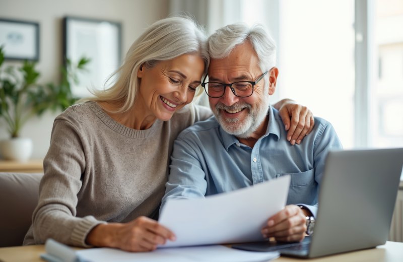 Older couple at home, reviewing documents together with a laptop nearby
