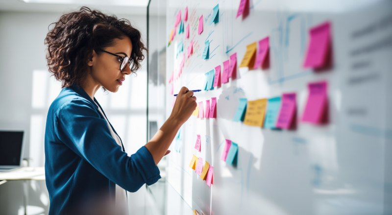 Woman brainstorming and planning using sticky notes on a whiteboard
