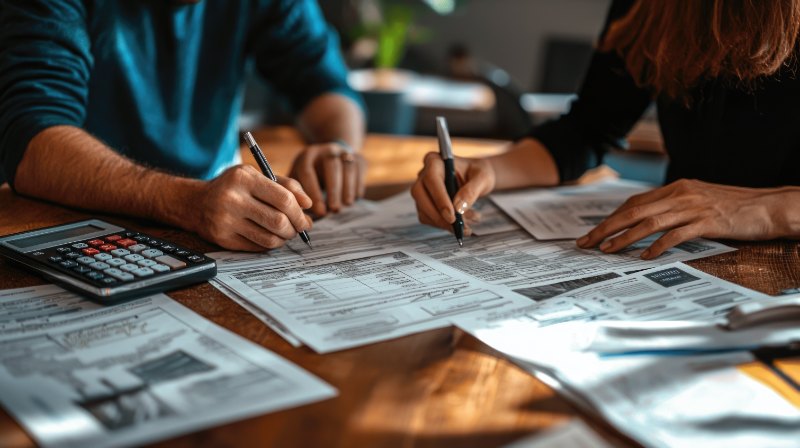 Multiple individuals are seated at a wooden table, working together on financial paperwork