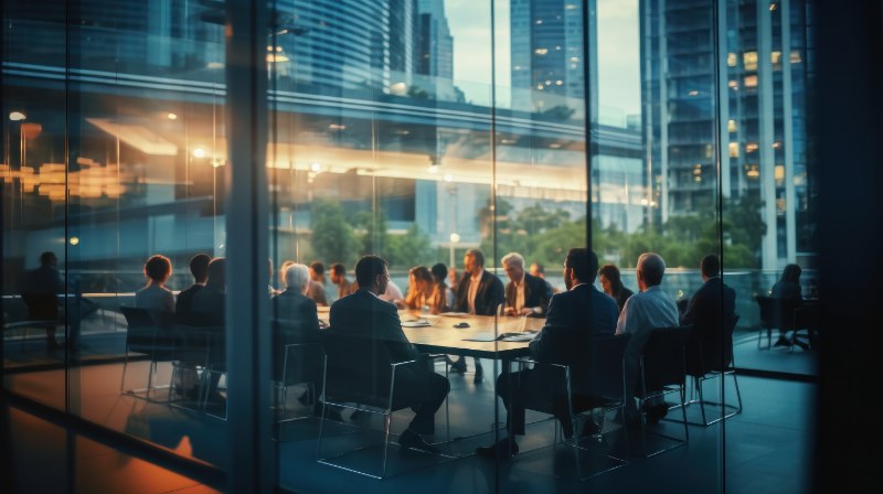 Business meeting in a modern office conference room with a city view